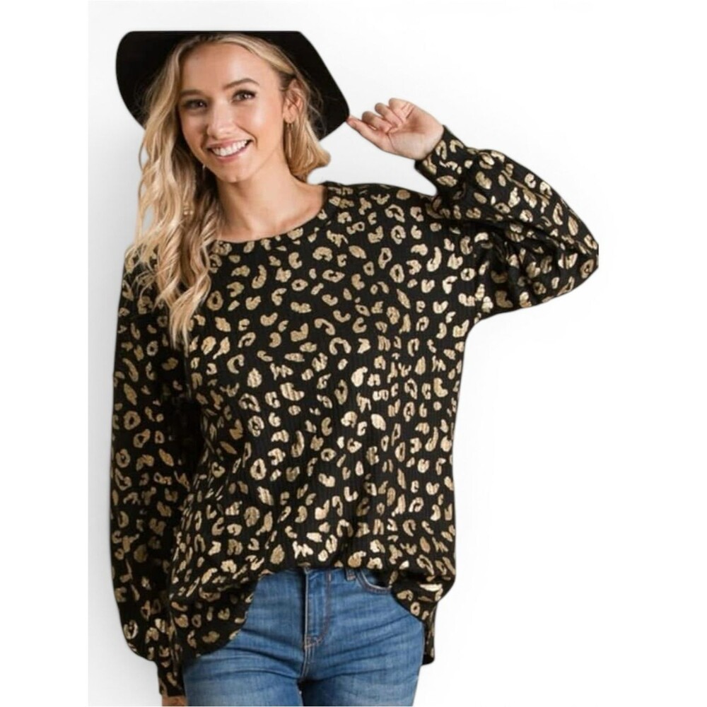 BiBi Black Top with Metallic Gold Leopard Print MEDIUM